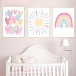 Pink Rainbow & Sun Nursery Wall Art Set