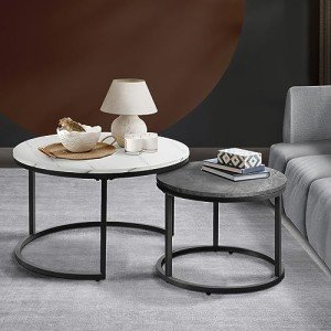 Round Marble Coffee Table Set of 2 White/Grey