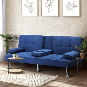 Blue Velvet 3-Seater Sofa Bed with Cup Holder