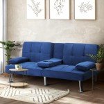 Blue Velvet 3-Seater Sofa Bed with Cup Holder