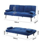Blue Velvet 3-Seater Sofa Bed with Cup Holder