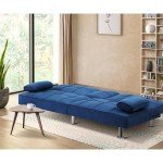 Blue Velvet 3-Seater Sofa Bed with Cup Holder