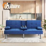 Blue Velvet 3-Seater Sofa Bed with Cup Holder