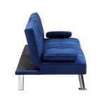 Blue Velvet 3-Seater Sofa Bed with Cup Holder