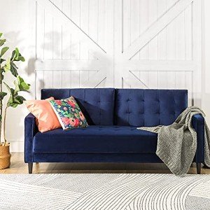 Navy Blue Mid-Century Velvet 3-Seater Sofa