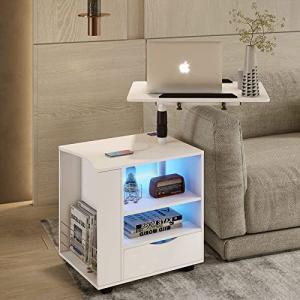 White Smart Bedside Table with Wheels and USB Ports