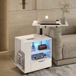 White Smart Bedside Table with Wheels and USB Ports