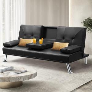 Black 3-Seater Convertible Sofa Bed with Cup Holders