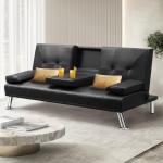 Black 3-Seater Convertible Sofa Bed with Cup Holders