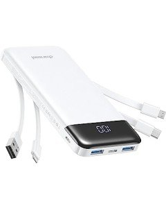 Slim 10,000mAh Portable Charger with Built-In Cords