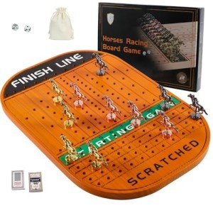 Grhonior Horse Racing Board Game with 11 Luxury Metal Craft Horses Thickened Pine Finish LINE Race Game Chessboard Including 2 Sets of dice and 2 Boxes of Cards(Red Peach)