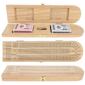 Pacific Shore Games Wooden Cribbage Board Game Set, Continuous 3 Track for 2-3 Players with Card Storage