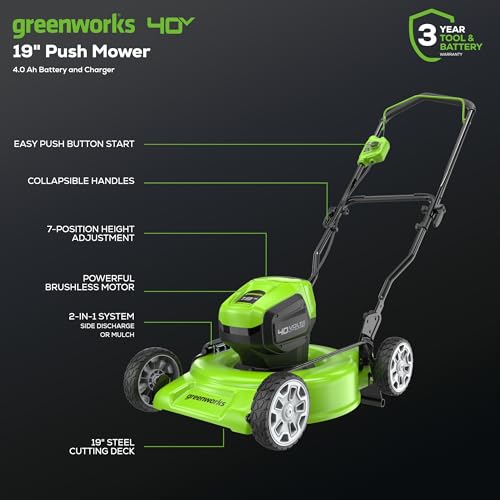 Greenworks 40V 19" Brushless Lawn Mower with Battery