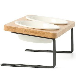 Elevated Ceramic Cat Bowls with Bamboo Stand