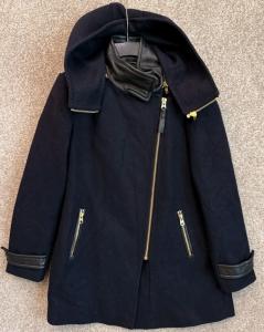 Mackage Coat Jacket Womens Large Navy Blue Wool Leather Trim Full Zip Winter