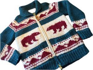 95 Canadian Sweater Company Intarsia  Bear Zip Wool Cowichan Cardigan FLAW S