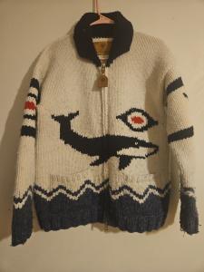 Canadian Sweater Company Intarsia Wool Zip Cardigan Jacket Orca Whale Beige Blue