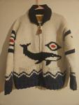 Canadian Sweater Company Intarsia Wool Zip Cardigan Jacket Orca Whale Beige Blue