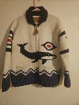 Canadian Sweater Company Intarsia Wool Zip Cardigan Jacket Orca Whale Beige Blue