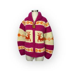Canadian Sweater Co Reindeer Pink White Handknit Zip Wool Cardigan Sweater XS