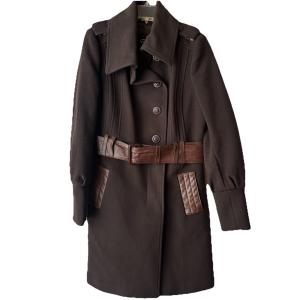 New Mackage $800 Wool Cashmere Leather Accents Brown Trench Coat Large