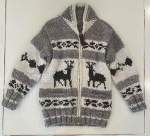 Vintage Thick Wool Knit Front Zip Large Deer Cowichan Sweater Made In Canada