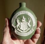 EARLY 1900 HUDSON'S BAY COMPANY EST.1670 GREEN SCHAFER VATER CERAMIC WHISKEY NIP