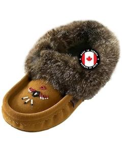 Laurentian Chief Moccasin Slippers for Woman - Orlon Beaded Slippers with Fur Trim and Padded Sole, Canada Quality Womens, Comfortable Stylish Indoor Moccasins for Women