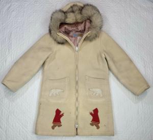 VTG Hudson Bay Company Womens Cream Eskimo Applique Wool Trench Coat Size 12
