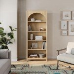 Prepac Ark 78" Tall 5-Tier Arched Bookcase in Natural Oak, Modern Storage Accent Bookshelf with 3 Adjustable Shelves for Home, Office, Living Room, Bedroom