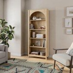 Prepac Ark 78" Tall 5-Tier Arched Bookcase in Natural Oak, Modern Storage Accent Bookshelf with 3 Adjustable Shelves for Home, Office, Living Room, Bedroom