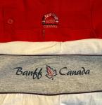 (2) VTG Banff Canada Shirts Red Sweatshirt Flags & White V-Neck Made In Canada