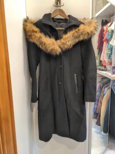 Mackage Montreal Wool Blend Textured Coat Leather Trim Black Fur Hood Sz M