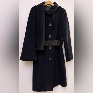 Mackage black wool cashmere coat with leather belt + leather trim size L