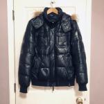 Rudsak Black Leather puffer jacket w. detachable fur-trimmed hood sz  L