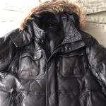 Rudsak Black Leather puffer jacket w. detachable fur-trimmed hood sz  L