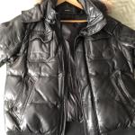 Rudsak Black Leather puffer jacket w. detachable fur-trimmed hood sz  L