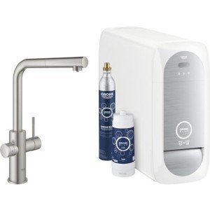 GROHE Blue Home Duo Starter Kit - Pull Out Kitchen Mixer Tap for Filtered, Chilled and Sparkling Water (Includes Cooler Unit, Filter, Co2 Carbonization Bottle), Supersteel 31539DC0