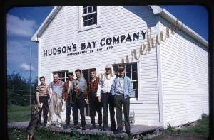 Hudson’s Bay Company Building Men Sign 35mm Slide 1950s Red Border Kodachrome