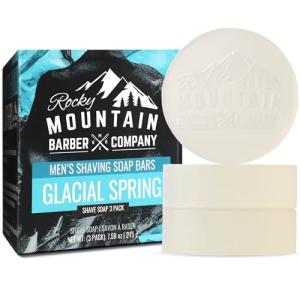 Shaving Soap Pucks for Men - 3 Pack - Traditional Wet Shave Glycerin-Based Shave Soap Bars - For Use with Shaving Brush and Bowl - Glacial Spring Scent – For All Razor Types by Rocky Mountain Barber Company