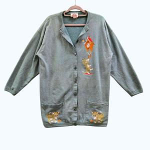 Vintage Canada North Cardigan Women L Green Kitten Graphic Grandmacore Slouchy