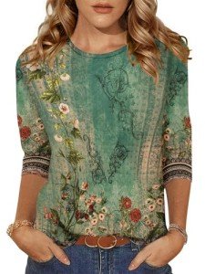 Zeagoo Plant Printed Crew Neck 3/4 Sleeve Top for Women Spring Fall Casual Tee Lightweight Loose Fit Blouse