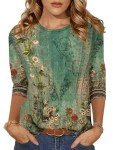 Zeagoo Plant Printed Crew Neck 3/4 Sleeve Top for Women Spring Fall Casual Tee Lightweight Loose Fit Blouse