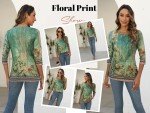 Zeagoo Plant Printed Crew Neck 3/4 Sleeve Top for Women Spring Fall Casual Tee Lightweight Loose Fit Blouse