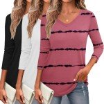 Zeagoo Women T Shirt 3/4 Sleeve V-Neck Tee Tops Casual Cute Blouse Basic Striped Tops 3 Pack Tunic Tops for Work