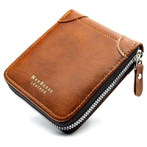 Wallet for Mens, Leather Mens Wallet with ID Window and Multi Card Slots, Secure Zipper Around Bifold Wallets for Men(Light Brown)