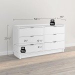 Prepac Simply Modern 6-Drawer Double Dresser for Bedroom, Chest of Drawers, Modern Bedroom Furniture, 52.5” wide x 16” deep x 29.5” tall, White