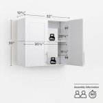 Prepac Elite 32'' Bathroom Wall Cabinet with Panel Doors, Wood Kitchen Pantry Cabinet, Wall Hanging Laundry Room Cupboard with 1 Adjustable Shelf for Kitchen, Laundry Room and Bathroom, White