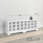 Prepac White Hall Bench with Storage and Seating: 24-Shoe Cubby Bench, Ideal White Shoe Rack for Entryway, Sized 15.5" D x 60" W x 20.25" H