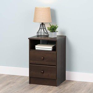 Prepac Astrid Simplistic Nightstand Side Table with 2 Drawers and Open Shelf, Functional Bedside Table 15.5" D x 16" W x 24.5" H, Espresso, EDNH-0402-1